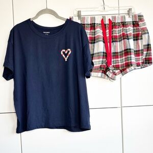 Old Navy Christmas Pajamas Flannel Shorts Navy Candy Cane T Shirt Size Large